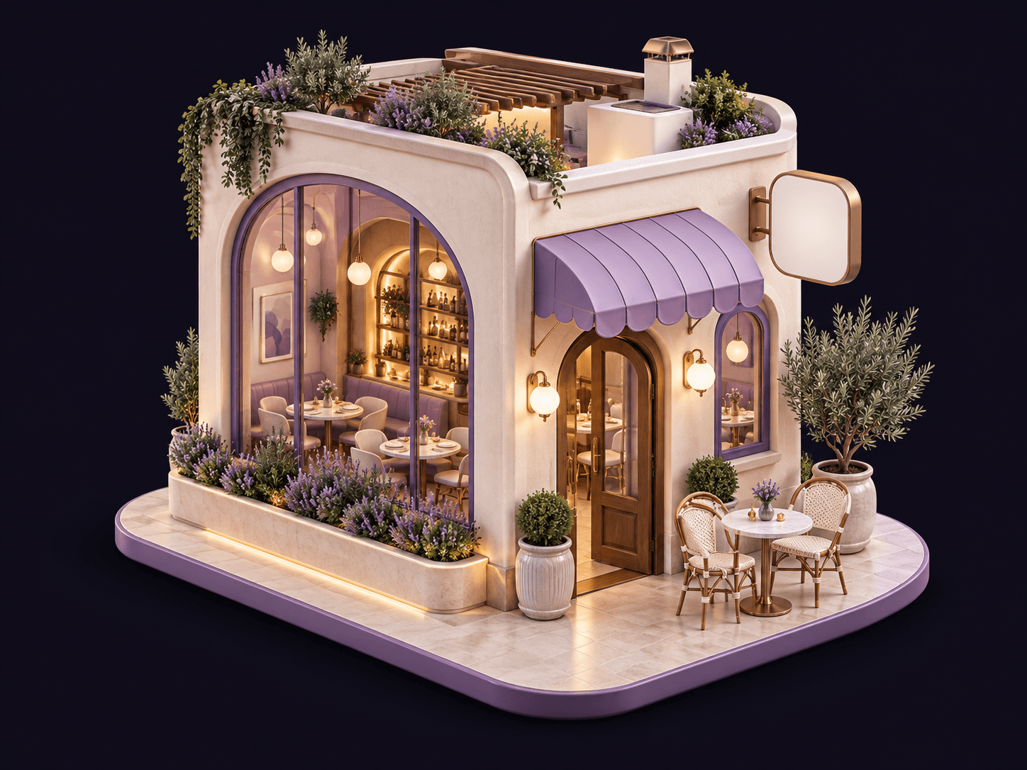 A detailed 3D miniature restaurant with lavender awnings, warm lighting, and a small terrace.